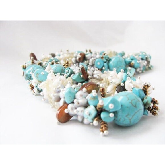 Turquoise Multi-Gemstone Fresh Water Pearl Cluster Wire wrapped Necklace - Picture 7 of 8
